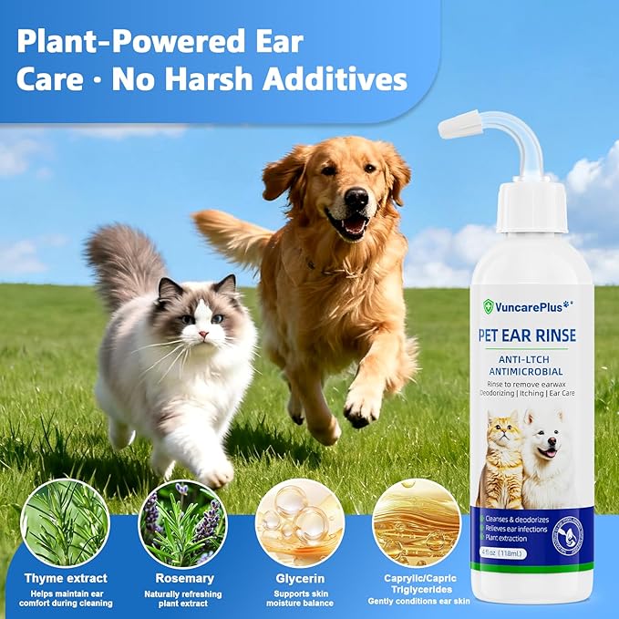 Cat & Dog Ear Cleaner Solution, Soft Nozzle Ear Treatment for Dogs & Cats, Gently Removes Ear Wax & Debris, Soothes Ear Itching & Inflammation, Deodorizing Pet Ear Wash with Thyme 4 fl oz