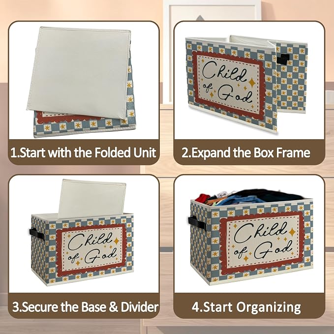 Christian Nursery Cube Storage Bins with Handles, Bible Verse Retro Checkered Collapsible Fabric Storage Basket Boxes Books Clothes Organizer for Kids Boys Girls Room Bedroom Bathroom