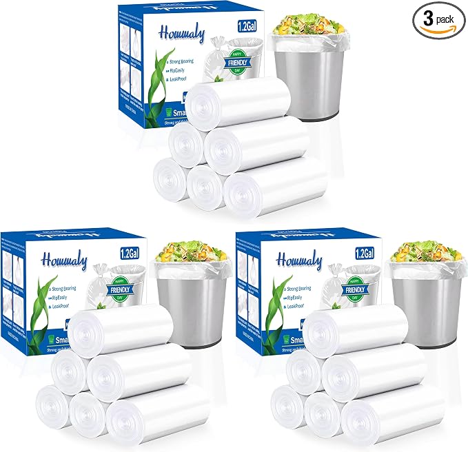 1.2 gallon trash can liners,Small clear Garbage Bags 300,Extra Strong 1.2 Gal Trash Bag,Fit 4.5-6 liters trash Bin Liners for Home Office Kitchen (Pack of 3)