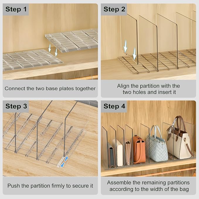 SortNStore Bag & Purse Organizer for Closet: Adjustable Clear Dividers | Plastic Clutch for Closet Organizers Handbag Storage - Keep Carteras & Pocketbook Upright