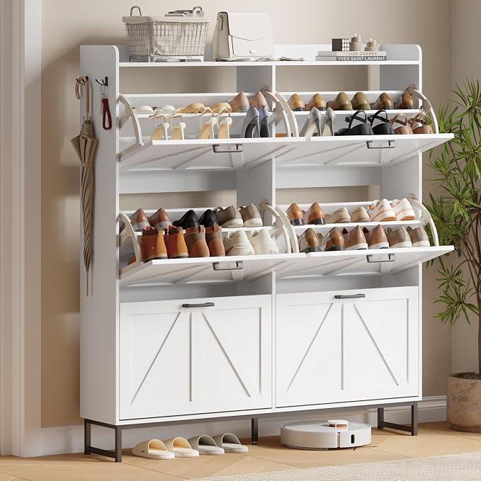 Xixini Shoe Storage Cabinet with 6 Flip Drawers, Entryway Shoe Rack, White | Freestanding Narrow Shoe Storage, Hidden Slim Wood Shoe Organizer, Modern Farmhouse, Open Storage & Hooks for Closet, Hallway
