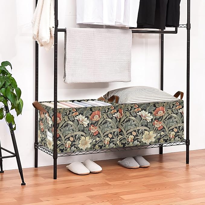 Cottagecore Sage Green Floral Green Black Storage Bins for Shelves with Labels&Handles Fabric Organizer Bin Foldable Storage Basket Boxes for Closet, Bathroom, Home, Living Room, 2 Pack
