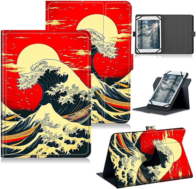 Universal Case for T-Mobile Revvl Tab 2 10.1" Model:9185W 2025/Revvl Tab 5G 10.36" 2023, 360 Degree Rotating Kickstand Protective Stand Leather Shell Cover for 9"-10.5", Red Sky Waves