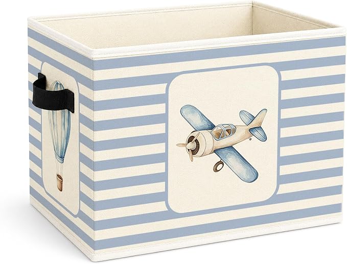 Airplane & Hot Air Balloon Storage Basket, Blue Stripe Foldable Toy Bin | Cute airplane and hot air balloon design with blue stripes; foldable fabric bin for toys, books, clothes, nursery.