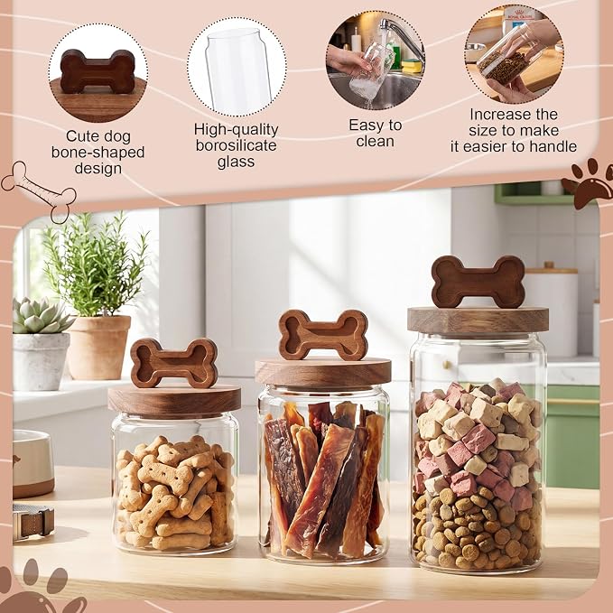 3 Pcs Glass Dog Treat Container, Dog Cookie Jar with Wood Lid | 3 Sizes, Airtight Pet Food Storage Container, for Countertop, Treats Canister, Doggie Cookie, Pets
