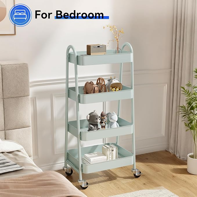 OLIXIS Metal 4 Tiers Rolling Storage Utility Cart with Lockable Wheels | Mobile Organizer Shelf, Space-Saving, Freestanding, Bathroom, Living Room, Slim, Narrow Corner Spaces, Green