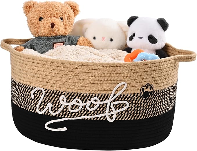 Woof Dog Toy Basket with Handles, Large Dog Toy Storage Bin with Paw Print, Woven Dog Basket for Blankets, Toys, Chews, Pet Toy Box for Nursery, Living Room, Bedroom, 20”x14”x9, Black