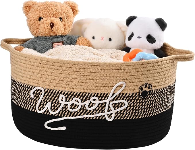 30L Woof Dog Toy Basket with Handles, Large Dog Toy Storage Bin with Paw Print, Woven Dog Basket for Blankets, Toys, Chews, Pet Toy Box for Nursery, Living Room, Bedroom, 17”x12”x9, Black