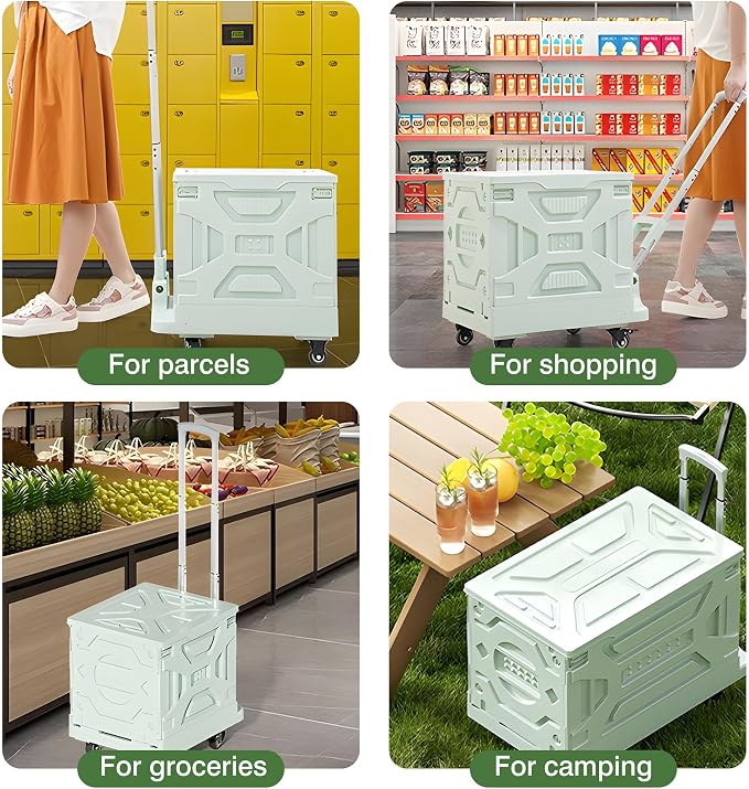 VECELO 16 GAL 2-in-1 Foldable Shopping Cart, Collapsible Utility Cart with Adjustable Handle & 360° Wheels, Dual-Mode Rolling Crate (Basket/Flatbed) for Groceries, Camping, Compact Storage, Green
