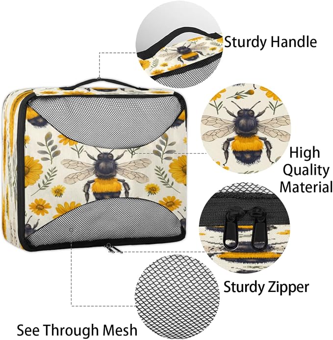 4 Set Packing Cubes for Travel, Bumble Bee Packing Cubes for Women, Travel Luggage Packing Organizers, Packing Cube Set, Honeybees Flowers