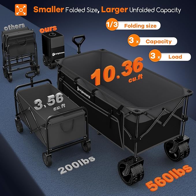 Originsure 300L Beach Wagon Cart Foldable with Big Wheels,560lbs,Grey&Black | 48" Folding Utility Wagon,7" All-Terrain Wheels,Heavy Duty Frame,Compact&Space-Saving,for Camping,Sports,Grocery,Garden