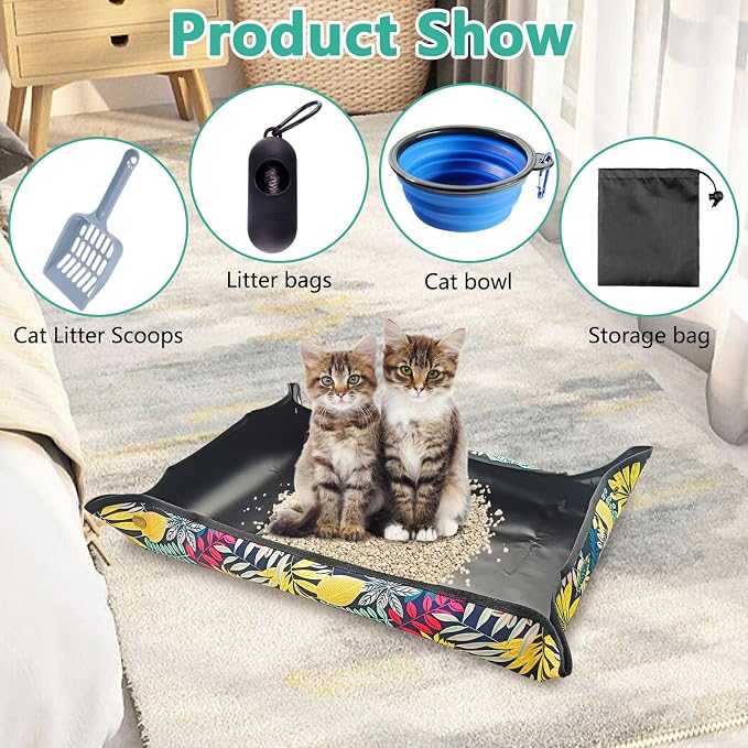 BNOSDM Travel Litter Box for Cats Foldable Litter Boxes Kit Portable Litterbox with Scoop Bowl Waterproof & Non-Stick for Hotels, Outings, Temporary Stays, Car, Plane (22.8x22.8x3.15in)