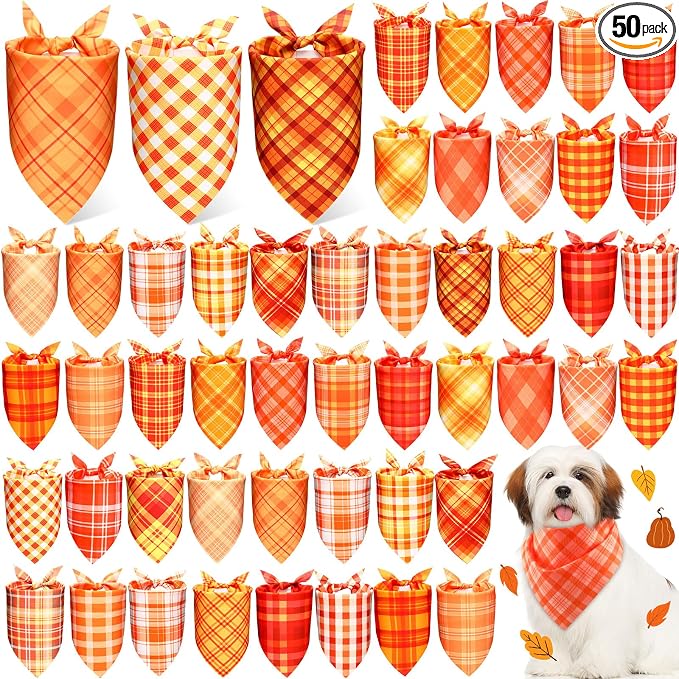Abbylike 50 Pcs Fall Plaid Dog Bandanas Bulk, Autumn Gingham Pattern