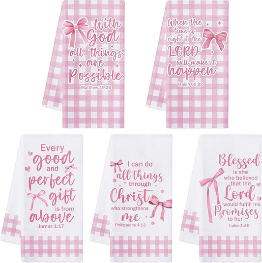 R HORSE Pink Bow Kitchen Dish Towels - 5Pcs Bible Verse Bow Absorbent Hand Towels, Religious Christian Pink Kitchen Dishcloths for Women Girls Bathroom Housewarming Religious Gifts Home Decor