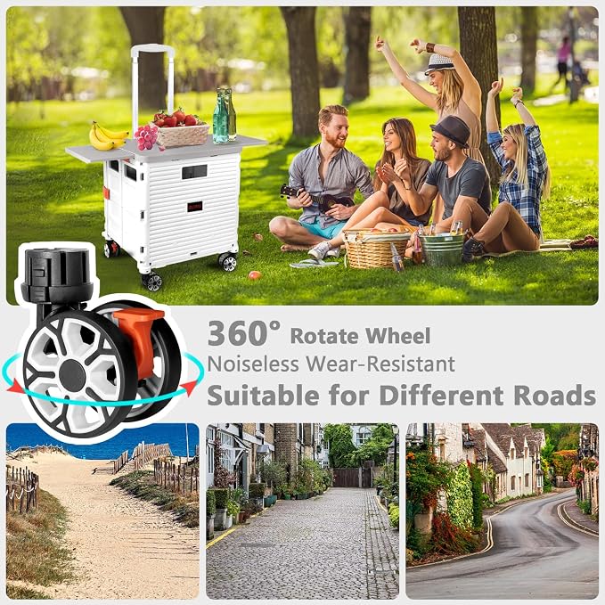 Foldable Utility Cart Collapsible Portable Crate Rolling Carts with Wheels Tote Basket with Magnetic Lid Telescopic Cover Wear-Resistant 360°Rotate Wheel Noiseless for Shopping Storage Office Use