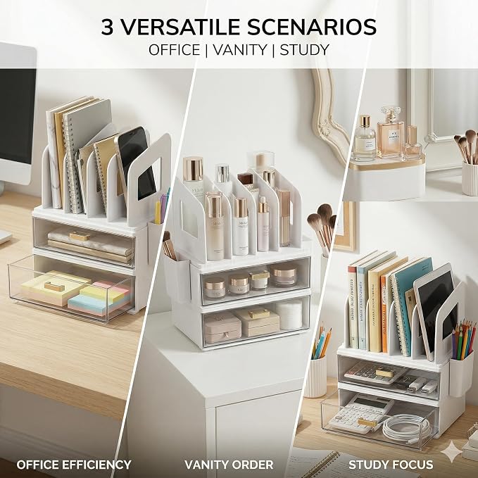 CiWiVOKi Desk Organizer with 4 File Slots and 2 Drawers, White | Desktop organizer with dual pen holders for storing files, mail, notebooks and office supplies in home or office use