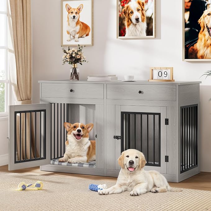 YITAHOME 60" Dog Crate Furniture with Removable Divider & Storage Drawers | Double Door Kennel with Locks for Medium and Large Dogs, Multi-Functional Dog Crate End Table, Grey