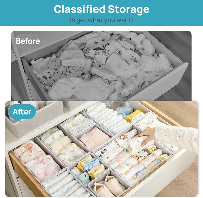 Vtopmart 18 Pack Baby Clothes Organizer, Foldable Fabric Drawer Bins | Nursery Drawer Storage, Baby Clothes Organization, Foldable Fabric Bins, Dresser Closet Organizer, Socks, Bras & Accessories
