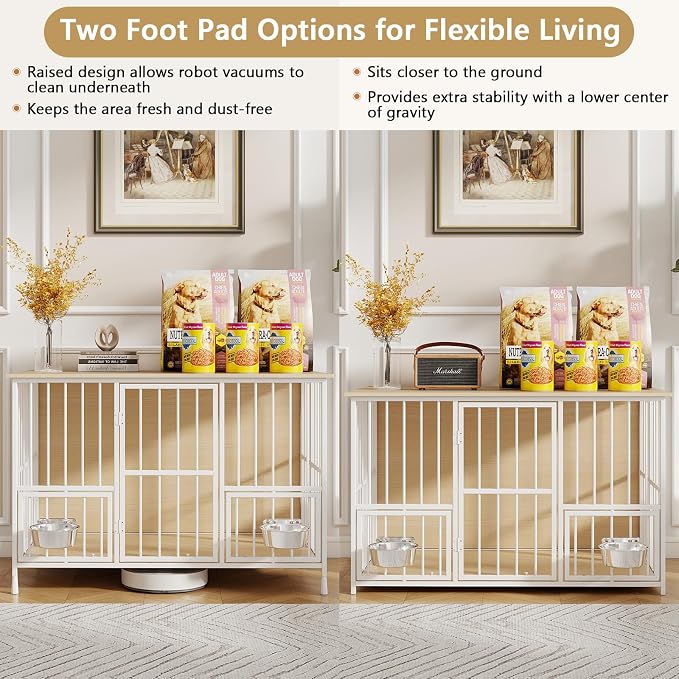 Hadulcet 41'' Foldable Dog Crate Furniture, Large Dog Kennel with 2 Bowls | Wooden Crate Table with Storage Top, Furniture Style Indoor Kennel for Small to Large Dogs with Rotating Food Door, Oak