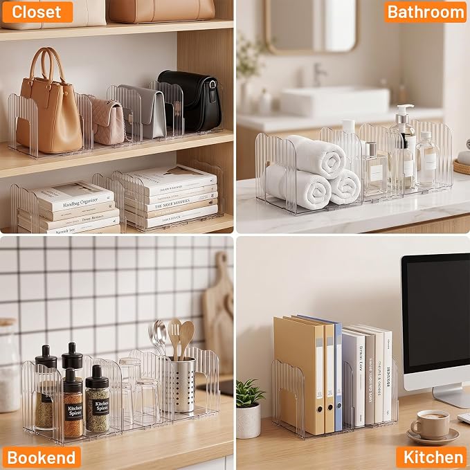 4 Sets Clear Purse Organizer for Closet, 16 Pcs Adjustable PET Handbag Storage Shelf Dividers, Clutch Separator for Shelves, Books, Accessories – No Assembly Needed