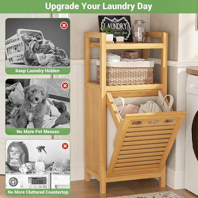 Homykic Tilt Out Laundry Hamper Cabinet, 10 Gal Bamboo Laundry Organizer | Wooden Laundry Basket with Removable Bag, Hidden Hamper with Shelf for Clothes, Bathroom, Laundry Room, Bedroom, Space Saving