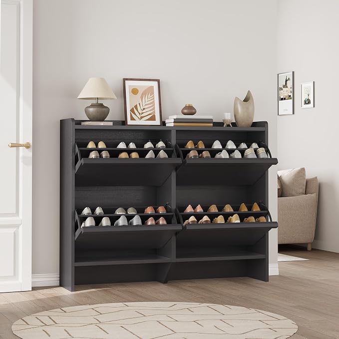 GarveeHome Shoe Cabinet with 4 Flip Drawers, Wooden Shoe Organizer Cabinet with Adjustable Shelf, Shoe Storage for Entryway, Hidden Shoe Cabinet for Hallway, Living Room, Black