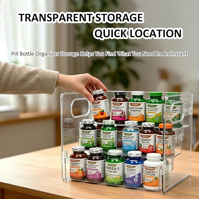 Medicine Bottle Storage Organizer, Pill Bottle Vitamin Organizer for Cabinet 3 Tier Clear Countertop Organizer Storage Rack Easy Access with Removable Shelves