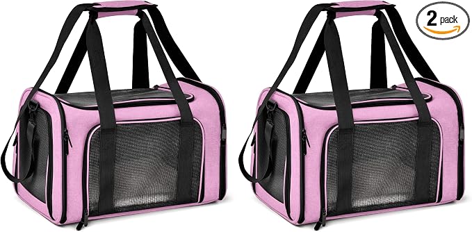 Henkelion Pet Carrier for Small Medium Cats Dogs Puppies up to 15 Lbs, TSA Airline Approved, Soft Sided, Collapsible Travel - Pink (Pack of 2)
