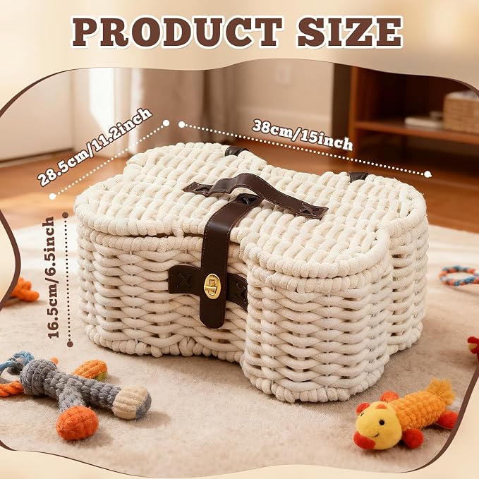Dog Toys Basket, Cotton Rope Bin Bone Shaped Pet Toys Organizer, Handmade Pet Toy Bin, Woven Baskets for Storage, 14.96" x 11.22" x 6.5"inch