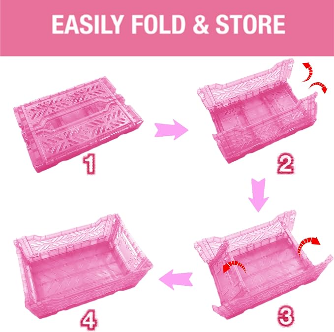 4L Plastic Storage Crates, Collapsible Basket for Home Offce Desk Organize | Space Saving and Foldable Bins for Classroom, Kitchen, Bedroom (Pink)