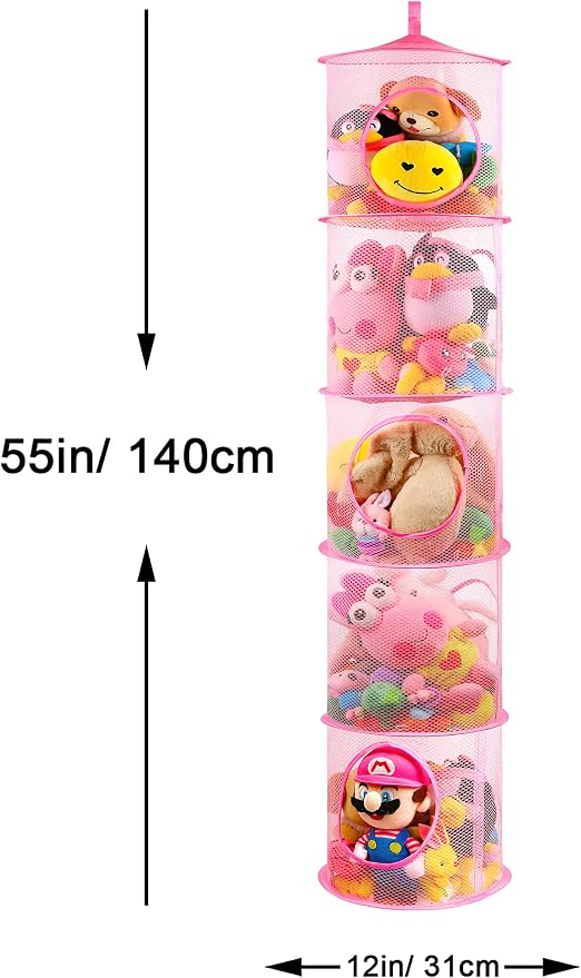 Hanging Stuffed Animal Storage Hammock Net 5 Tiers, Pink | Hanging Mesh Storage Organizer for Kids Room, Holds Plushies, Gloves, Hats, Socks, Foldable Space-saving Design