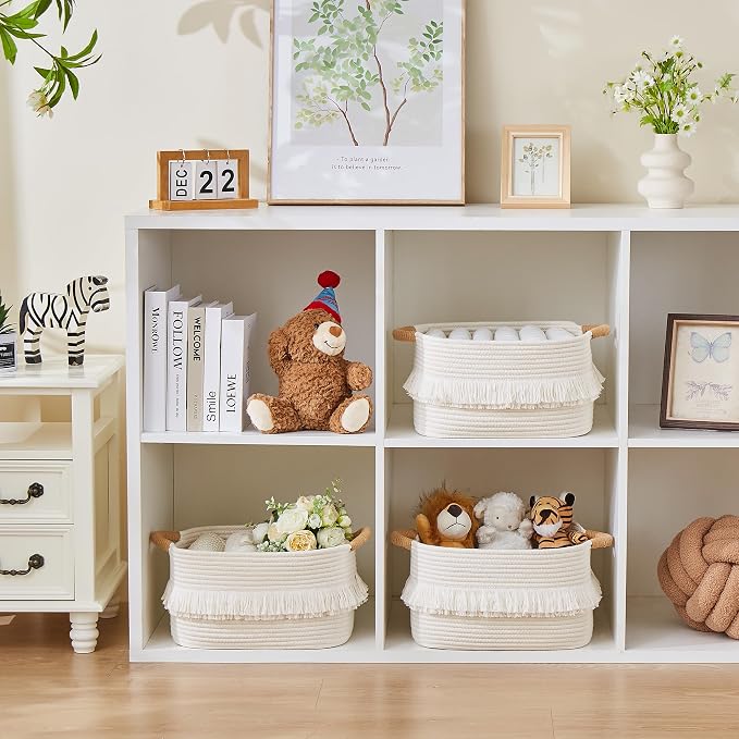 Storage Basket, Woven Baskets for Shelves, White Basket | 3 Pack Boho Cotton Rope Storage Baskets, 14" x 9" x 8", Home Organizer for Nursery, Holds Toys, Books & Towels