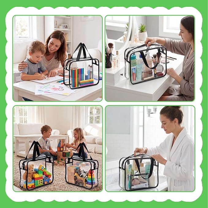 Toy Storage Bags 4 Pack, Clear PVC Toy Organizers, Black | Waterproof PVC, Large 30 x 10 x 22 CM Size, Label-Ready, For Toys, Books, Puzzles, Classroom and Travel