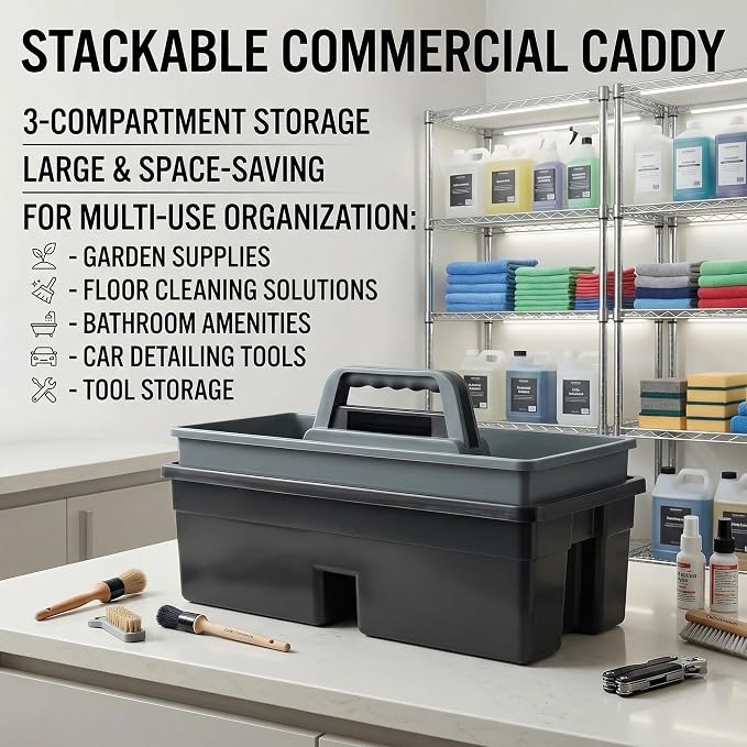 3-Compartment Plastic Cleaning Caddy Basket – Stackable Large Commercial Quality Plastic Tool Organizer Bucket with Handle, Black