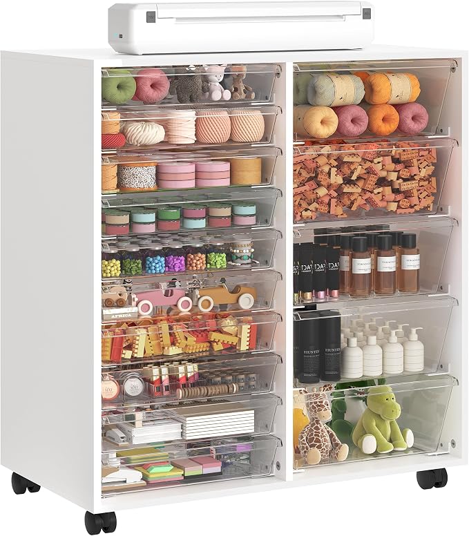 Mobile Storage Cabinet with 15 Clear Drawers, Modern White | Craft Cabinet with 5 Large Drawers, Cart with Wooden Tabletop, Printer Stand Home Office, Dresser Chest