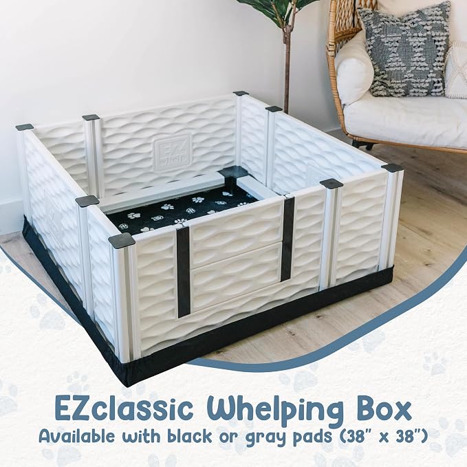 EZclassic Dog Whelping Box with Rails, Medium 38"x38"x18", Gray | Removable anti-crush rails, Machine-washable pad + canvas liner, High walls, low entry for mom, Interior 38x38x18 in
