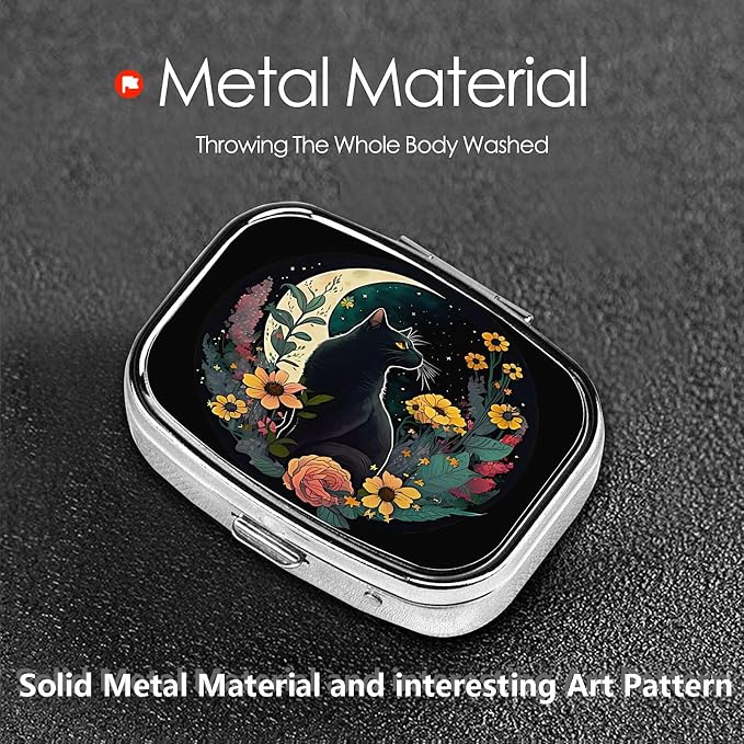 ABLESKY Pill Box, 2 Compartment Pill Organizer Case for Pocket or Purse, Small Portable Metal Travel Medicine Box with Mirror, Daily Vitamins Fish Oil Container-Dark Night Moon Flower Cat