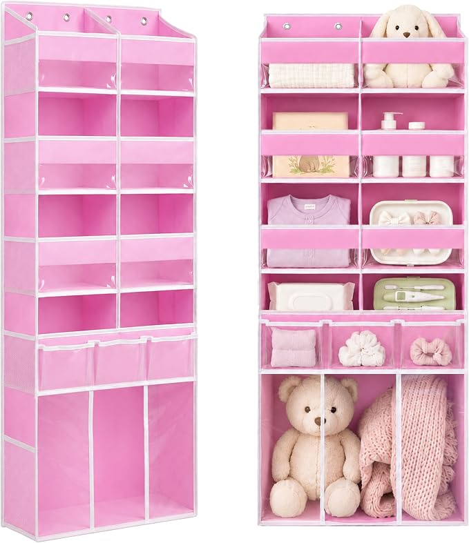 Extra Large Over The Door Organizer with Clear Pockets - 8 Compartments & XL Bottom Storage, Heavy-Duty Hanging Organizer for Bathroom, Bedroom, Closet (57 Inch Height). (Pink)