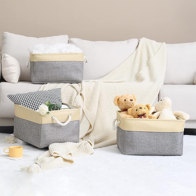 Storage Basket for Organizing - 3 Pack 14x10x7 inch Large Collapsible Storage Bin for Shelves, Fabric Storage Cubes for Organizer ClosetCloth Gift Toy (Grey & Gold)