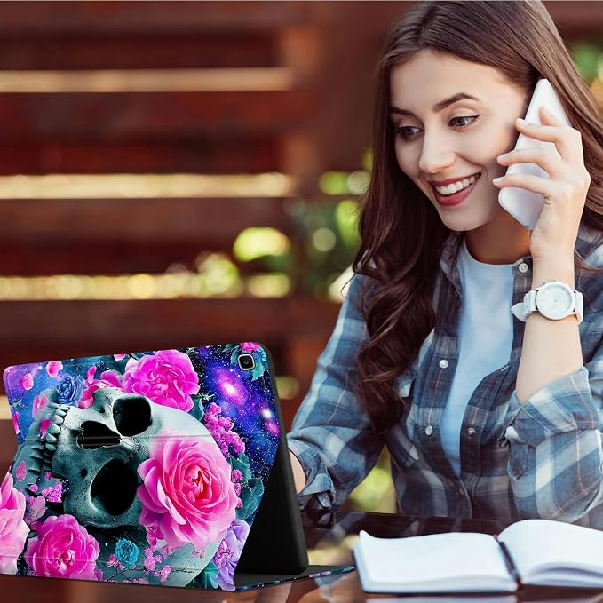 for Samsung Galaxy Tab A 10.1" 2019 SM-T510/T515/T517 Case | Slim Leather Smart Cover with Multi-Angle Anti-Slip Stand [Auto Wake/Sleep] Shell for Women Men, Rose Pink Skull