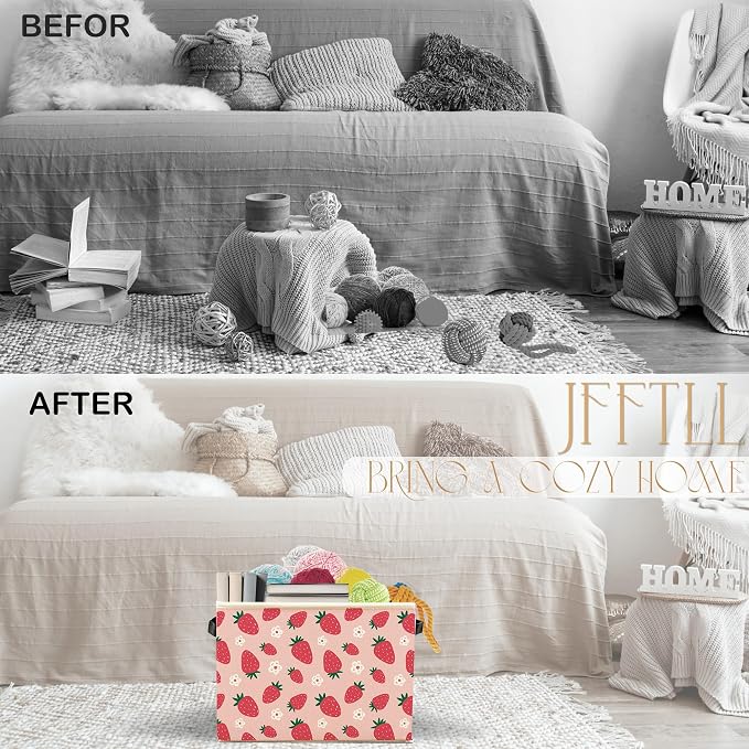 Pink Strawberry Storage Bins with Handles, Aesthetic, Preppy Cute Floral Strawberry Fruit Collapsible Laundry Basket Storage Box for Home Bedroom Bathroom Clothes Toys Books