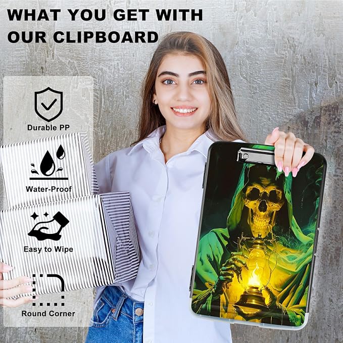 Green Skull Flame A4 Clipboard with Storage Pen Holder, Clipboards Organizer Nursing Clipboard Foldable File Folder Plastic Clipboard Folio Clip Board for Office Students Classroom Doctor
