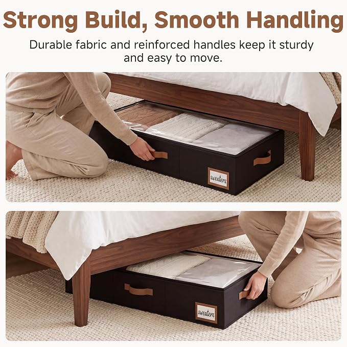 StorageWorks 6 Inch Low Profile Under Bed Storage Containers with Clear Lid | Reinforced Structure, Resists Sagging, Handles & Label Holder, Foldable Stackable Closet Storage for Clothes, Blankets, Toys