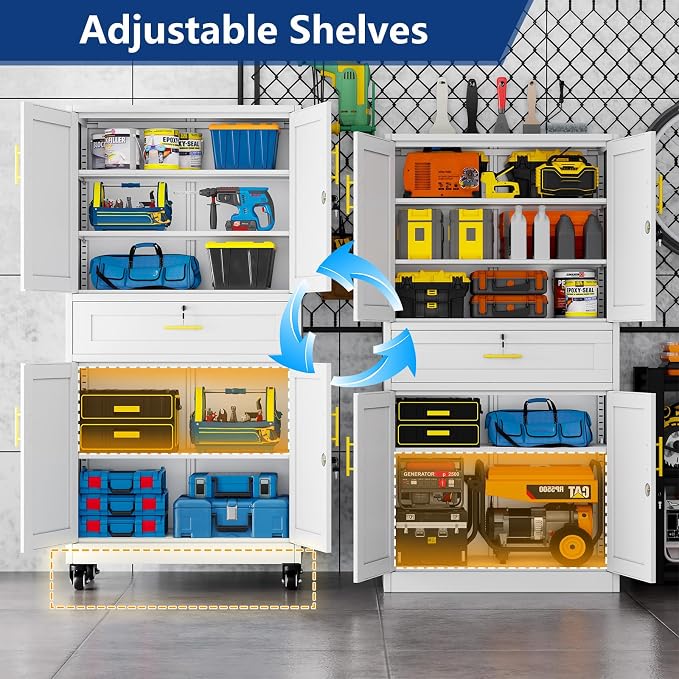 Ckzbx Metal Garage Storage Cabinet with Locking Drawers and Adjustable Shelves,71" H Rolling Tool Storage with Wheels for Garage,Office (White)