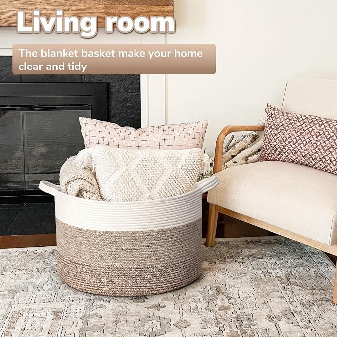 Goodpick Large Woven Basket for Blankets, Nursery & Living Room Decor, 85L | 19.7 x 19.7 x 12.6 In Storage Basket for Toys Shoes, Cute Baby Laundry Hamper for Towels, Clothes, Light & Brown