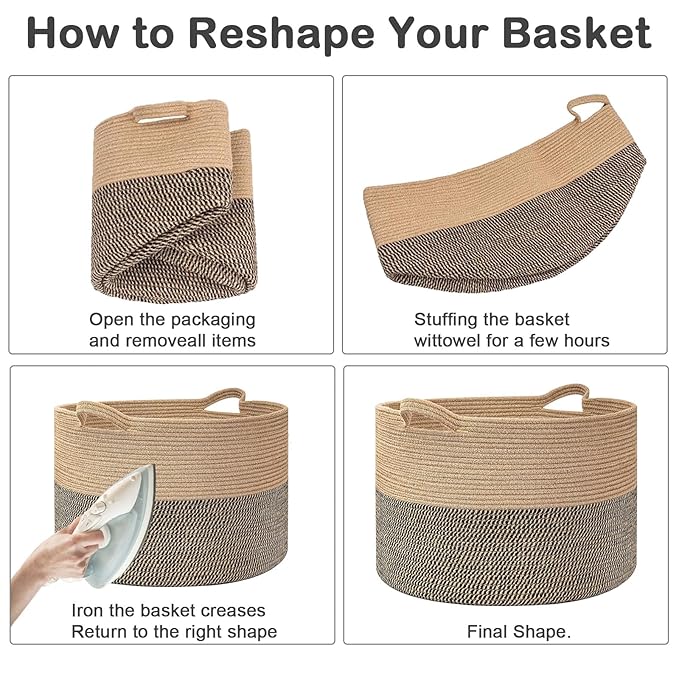 65L Large Blanket Basket,Woven Rope Laundry Basket-Camel | Collapsible, reinforced handles, nursery storage bin organizes clothes, toys and pillows for living room, bedroom bathroom
