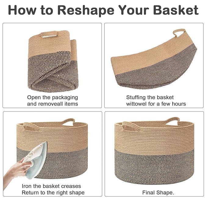 65L Large Blanket Basket,Woven Rope Laundry Basket-Light Gry | Collapsible, reinforced handles, nursery storage bin organizes clothes, toys and pillows for living room, bedroom bathroom