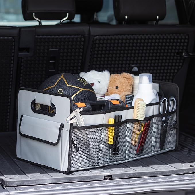 JiatuA Car Trunk Organizer, Collapsible Car Organizers and Storage Grey | Sturdy, Large Capacity, Clean Decor, Multi Compartment Container Box, Adjustable Car Accessories for SUV Sedan Truck