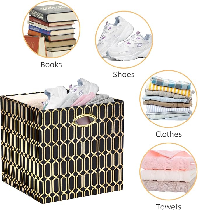 Posprica 11x11x11 Foldable Fabric Storage Cube Organizer Bins Cubby Baskets | Fabric Cubes 11×11 Collapsible Box with Handles Black Gold Geometric Pattern, 4 Pack