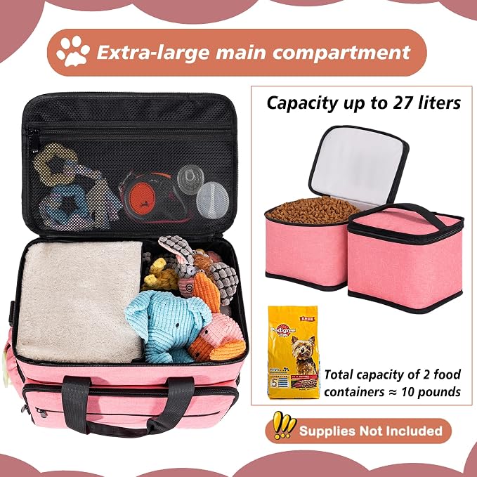 Dog Travel Bag, Large Pet Travel Set with Multi-Function Pockets | 2 Food Storage Containers, 2 Collapsible Bowls, 1 Feeding Mat for Pet Supplies, Road Trip Essentials, Weekend Camping, Pink